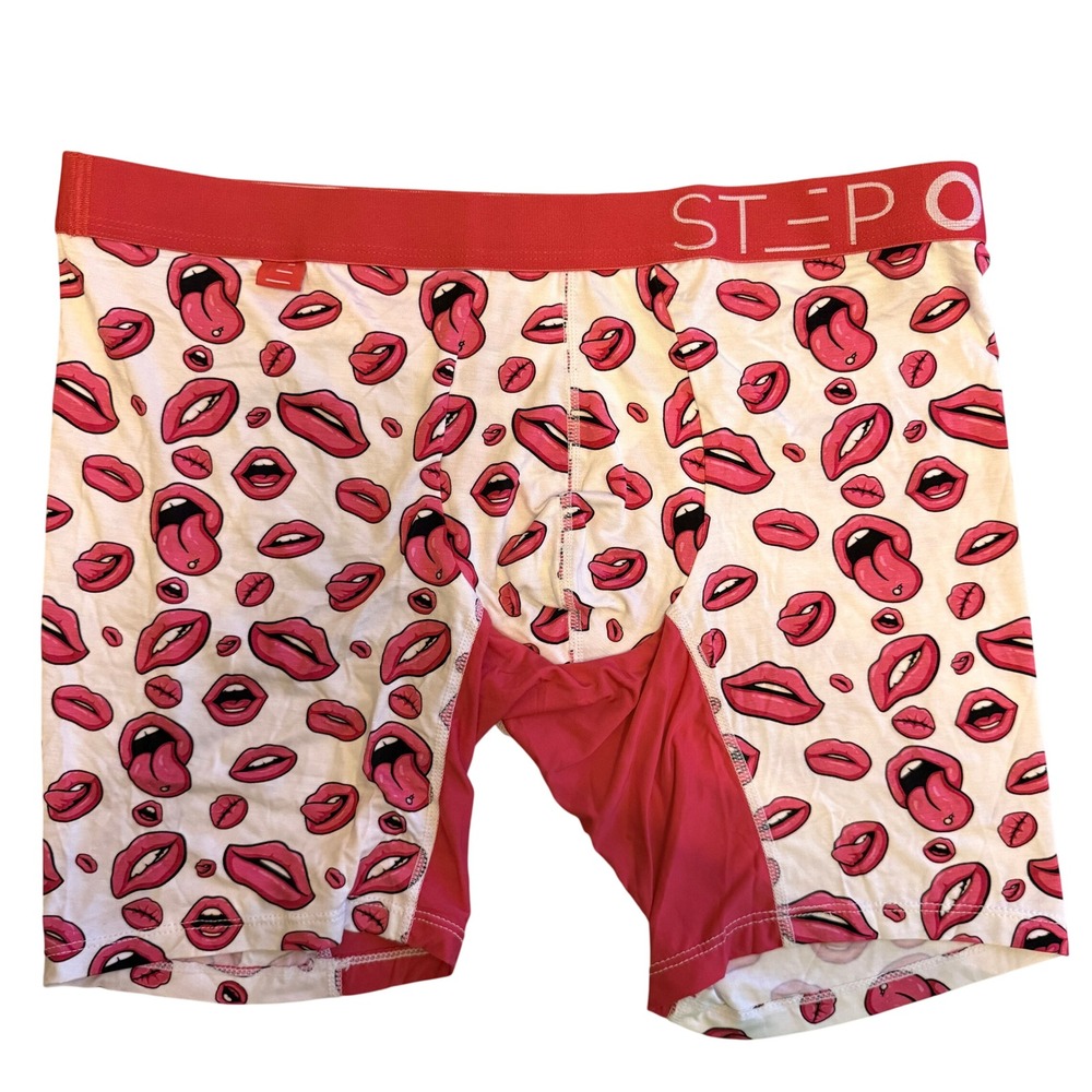 Step One Luscious Lips Boxer Briefs Bamboo Viscose Mens XL White Red 7018L
